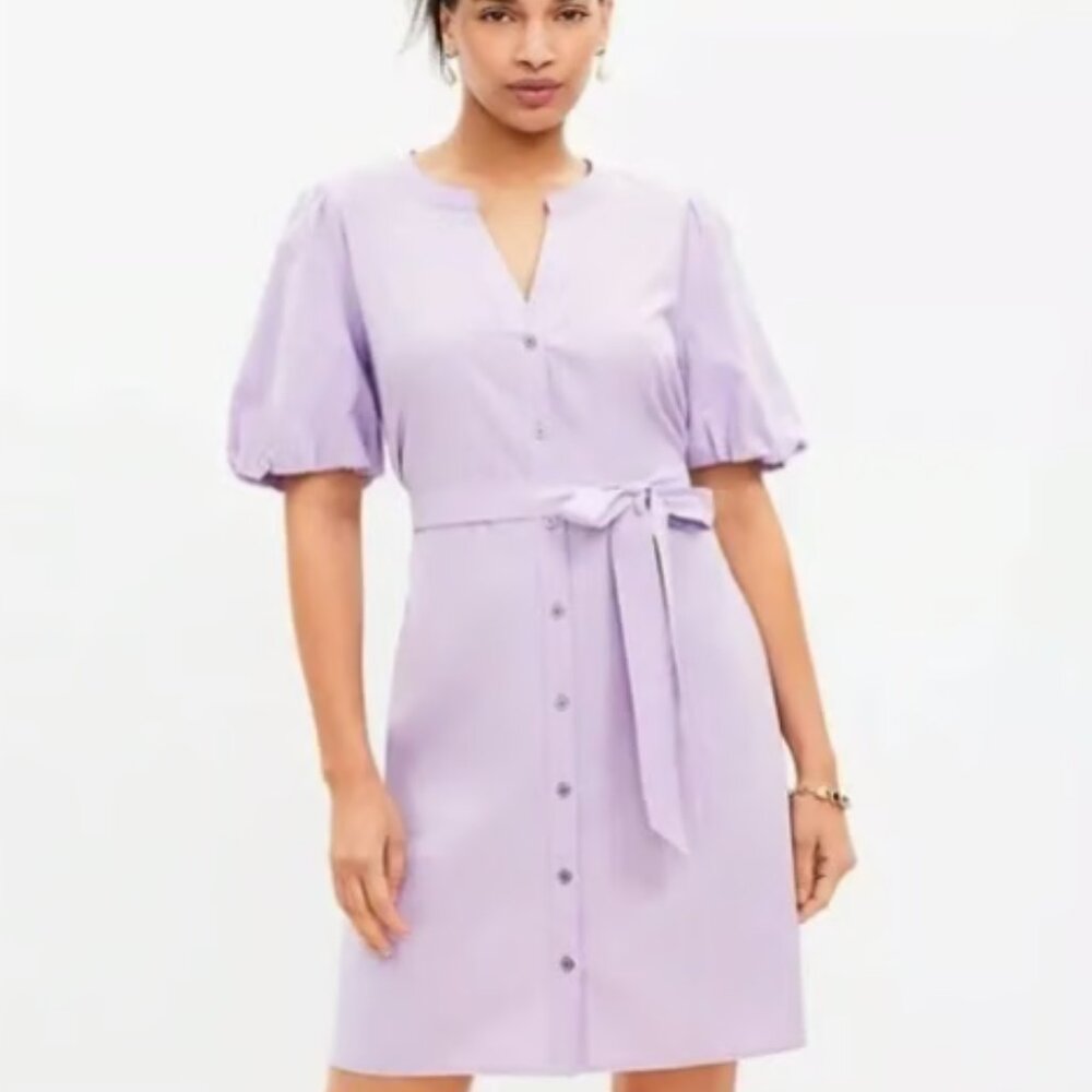 ANN TAYLOR LOFT PUFF SLEEVE  TIE BELTED STRIPED SHIRTDRESS MINI LAVENDER NEW M